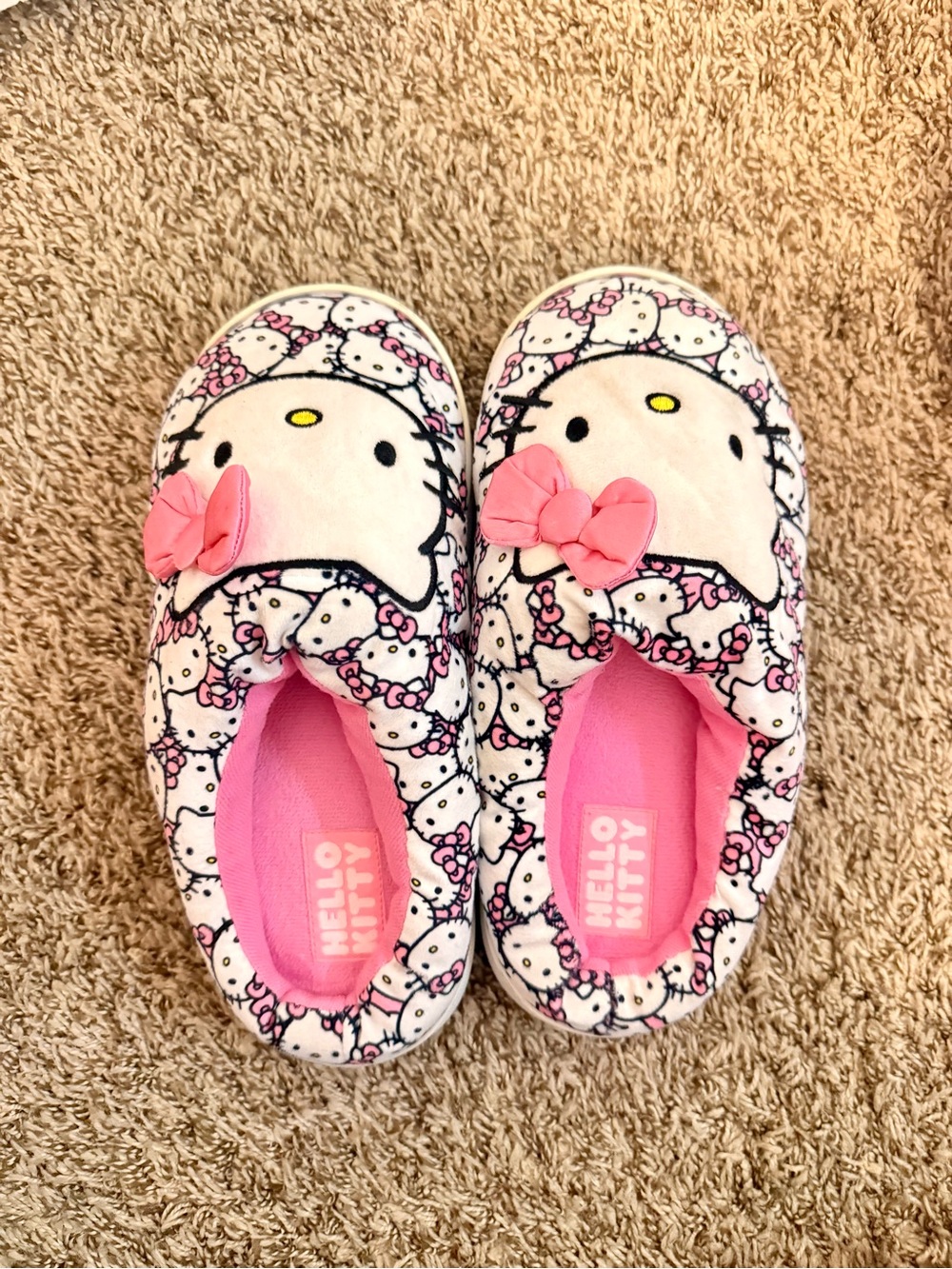 Hello Kitty Pink White Patterned Plush Kids Slippers with Bow